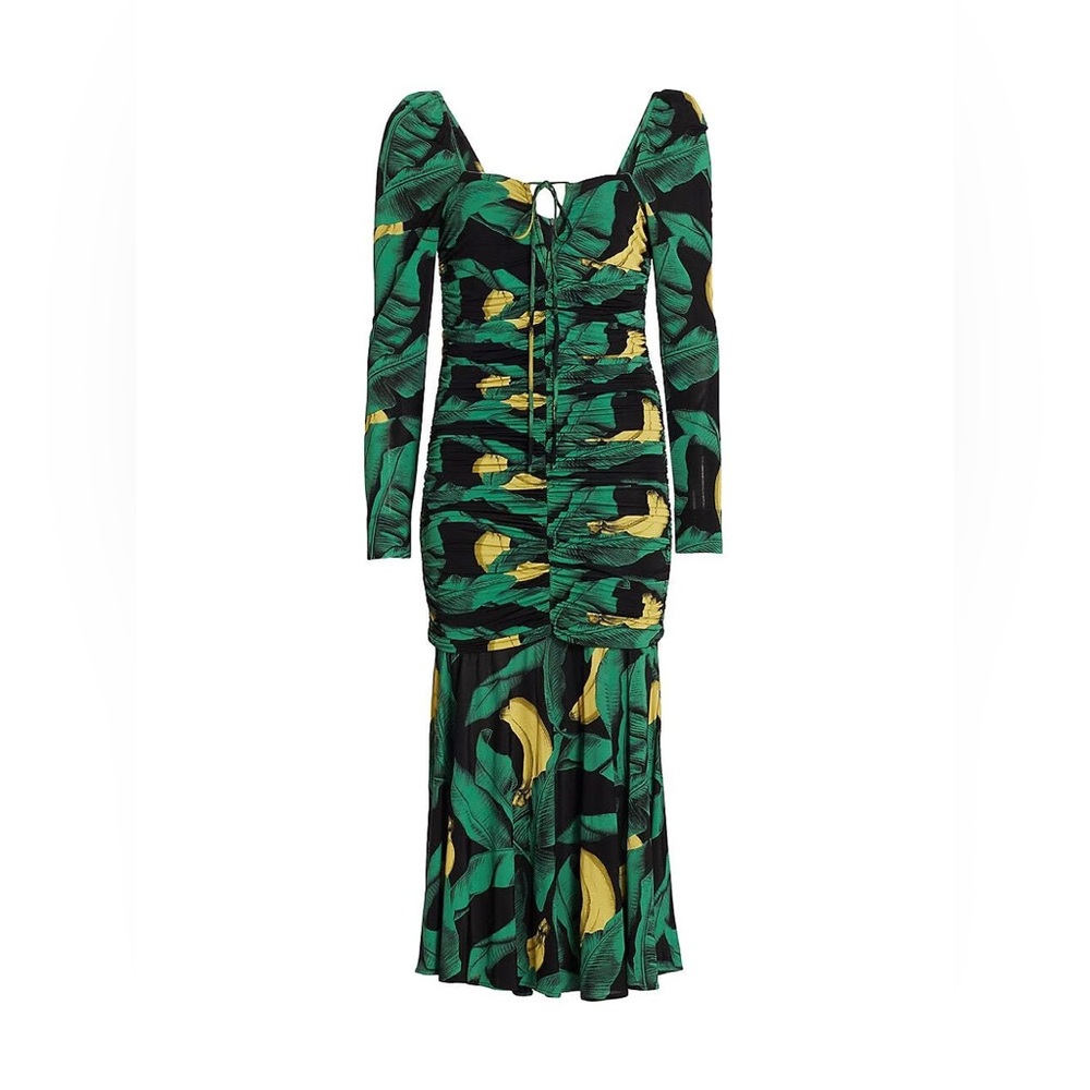 Ganni Green, Black & Yellow Ruched Long-Sleeve Midi Dress